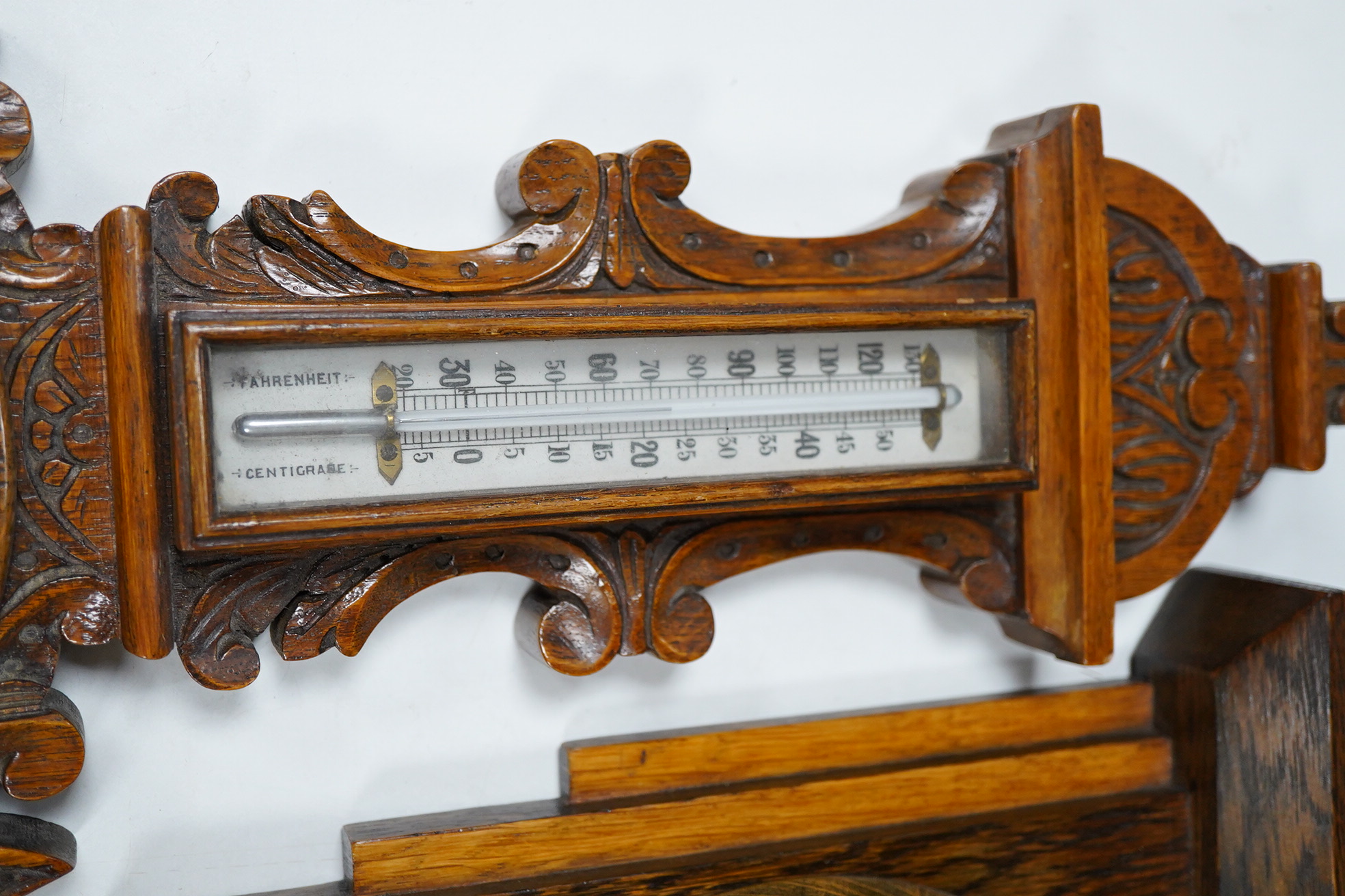 Victorian oak aneroid barometer/thermometer and Deco barometer